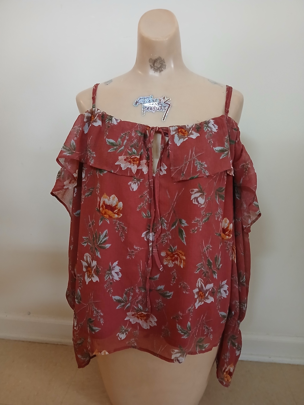 American Eagle Outfitters Rust Floral Off-Shoulder Tie-Front Top